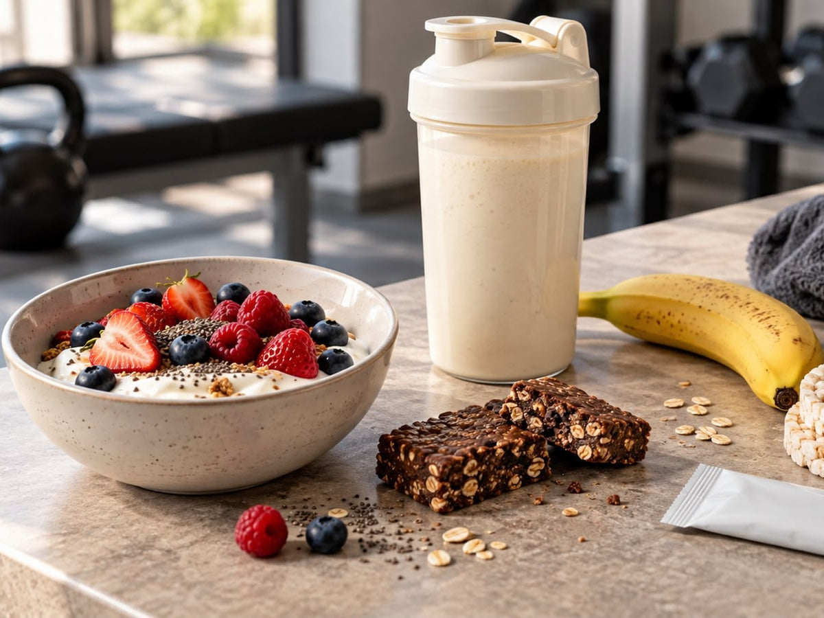 Yogurt bowl with berries, protein shaker, banana and oat bars on a gym bench