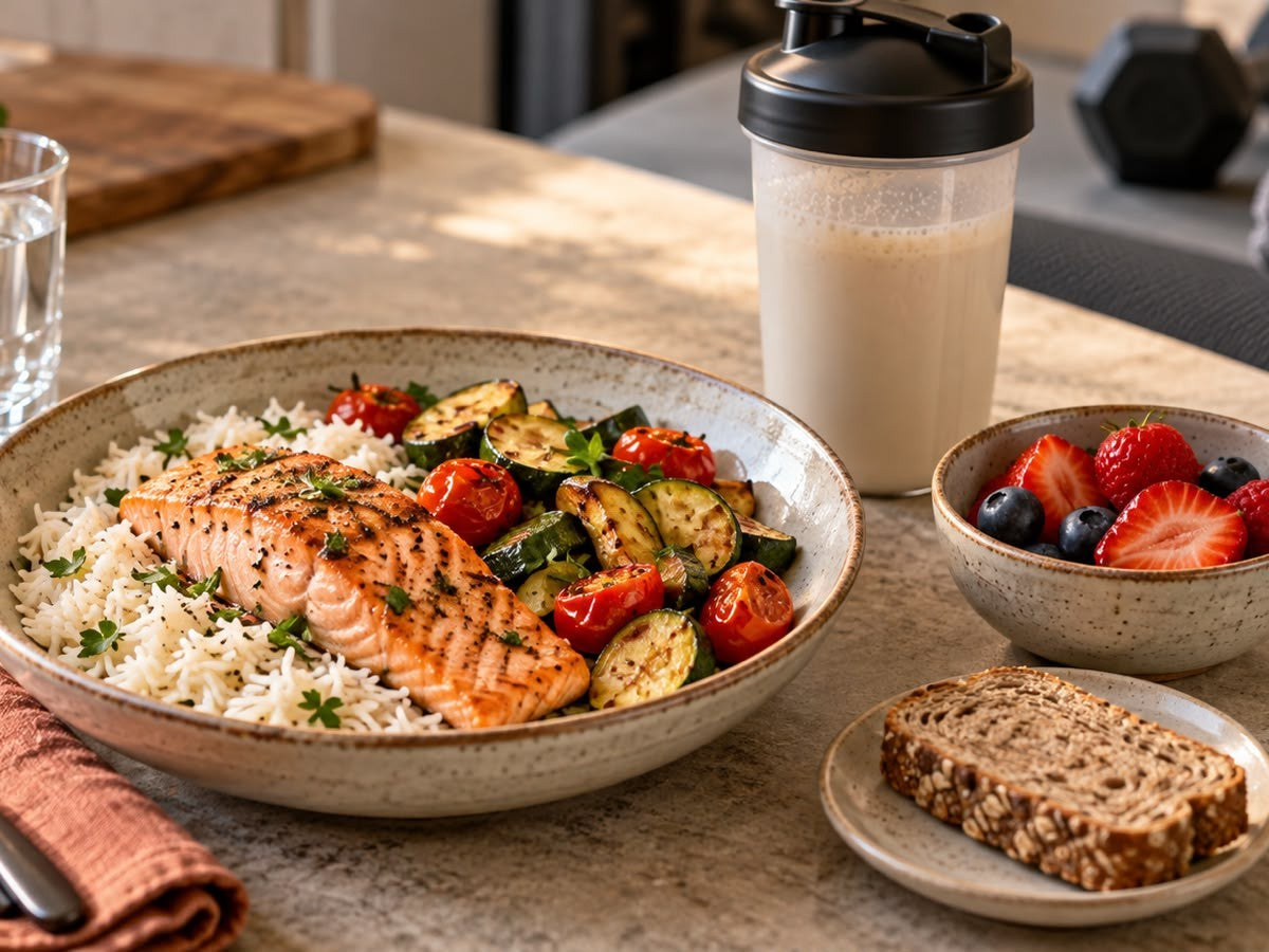 Salmón con arroz y calabacín junto a un shaker de proteínas